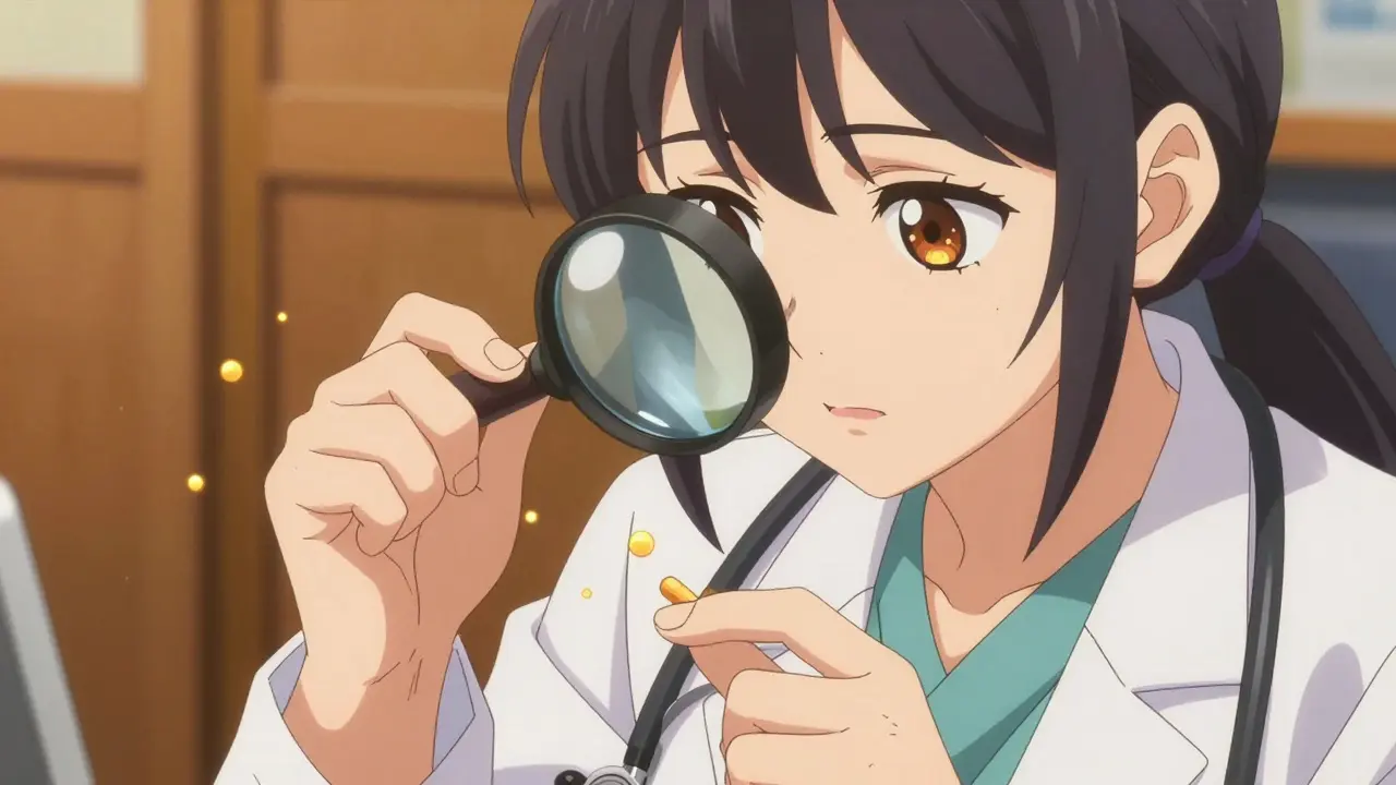 Anime pharmacist examining pills with glowing safety indicators