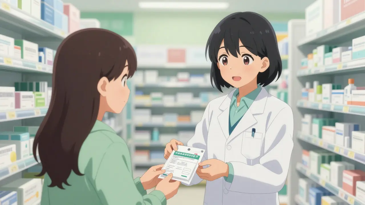 Anime pharmacist handing prescription to smiling patient