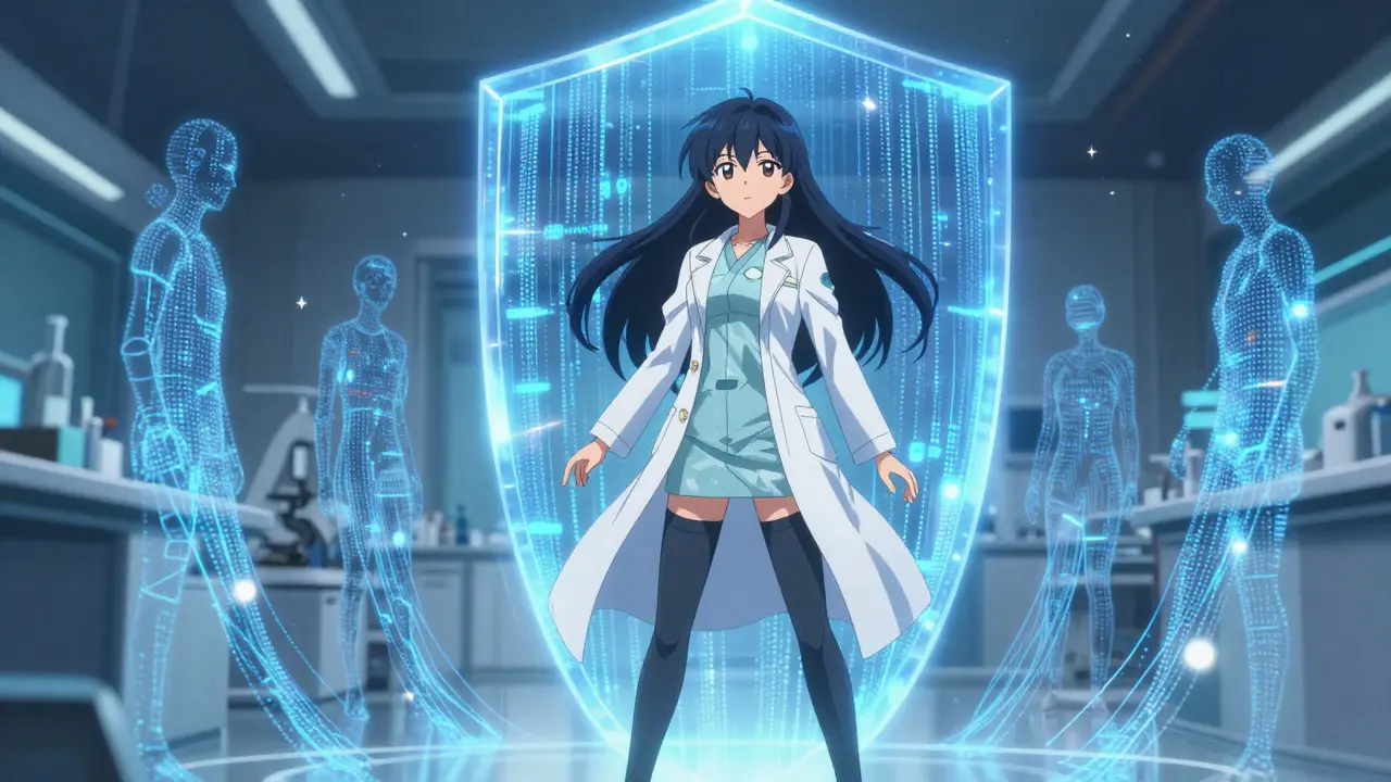Anime scientist protecting patient safety with glowing digital data streams.