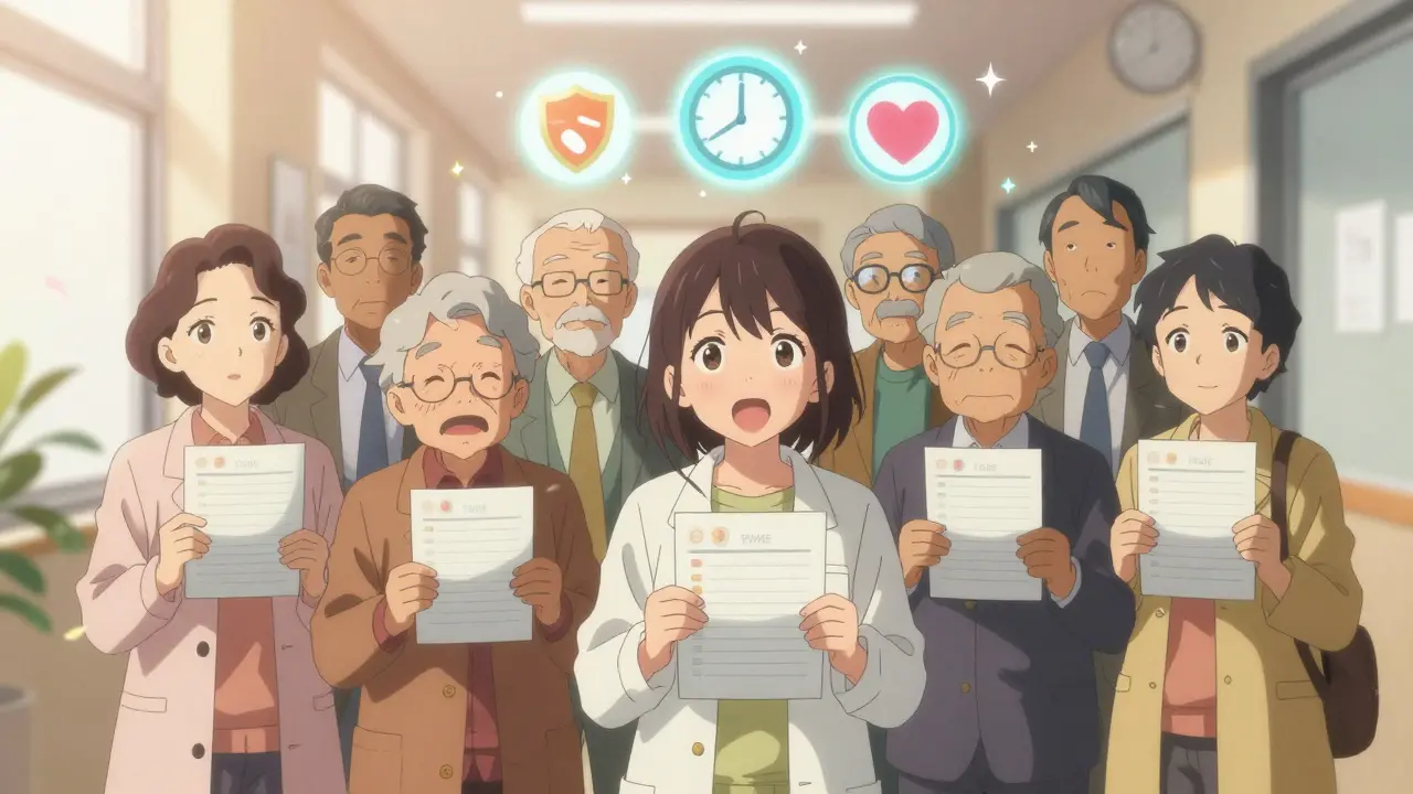 Elderly people holding updated medication lists with glowing safety icons floating above them.