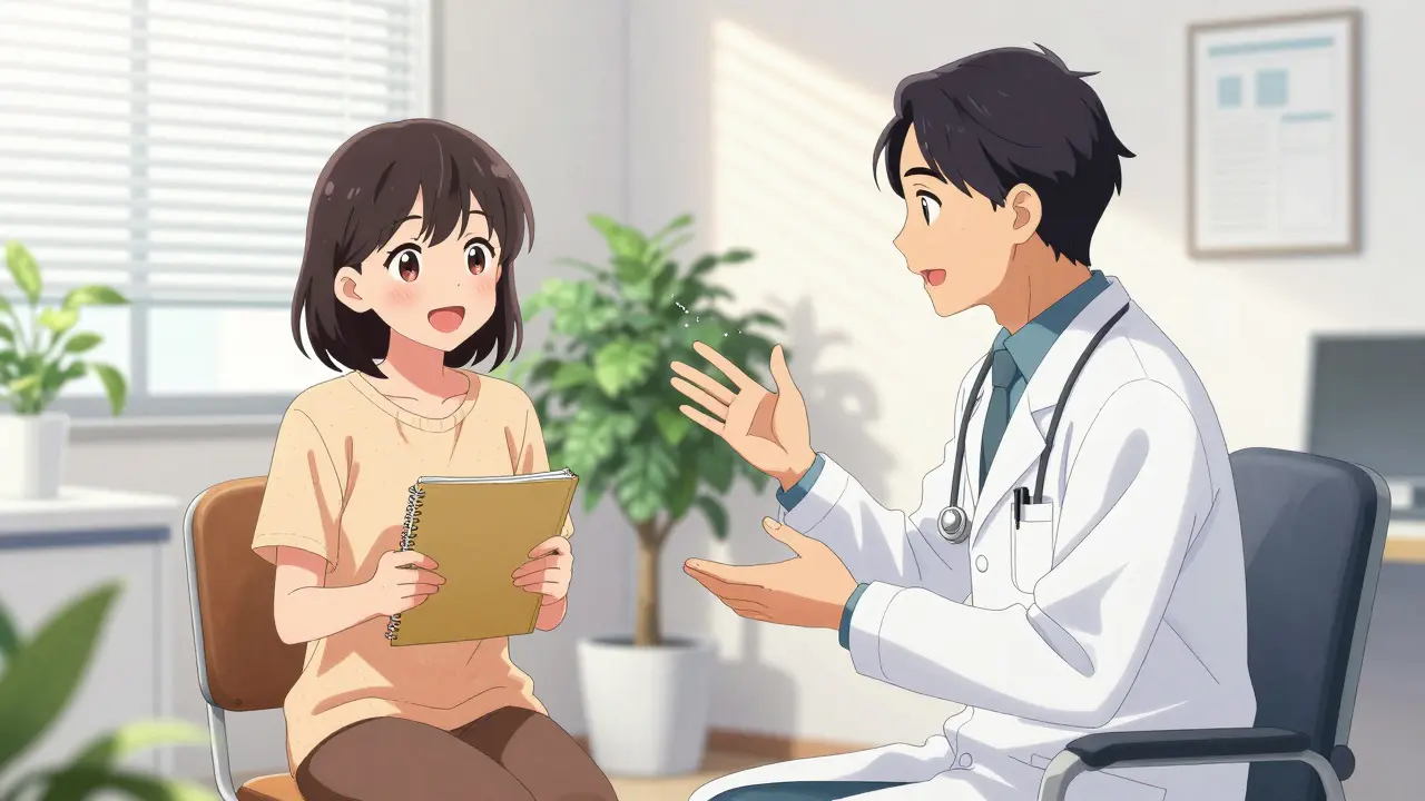 Patient smiling while discussing treatment plan with doctor in clinic.