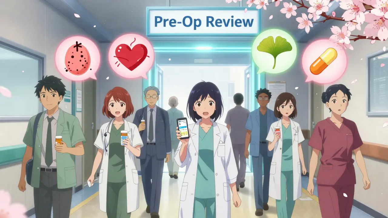 Patients walk toward a pre-op review portal, each holding medication details, with symbolic icons floating above them.