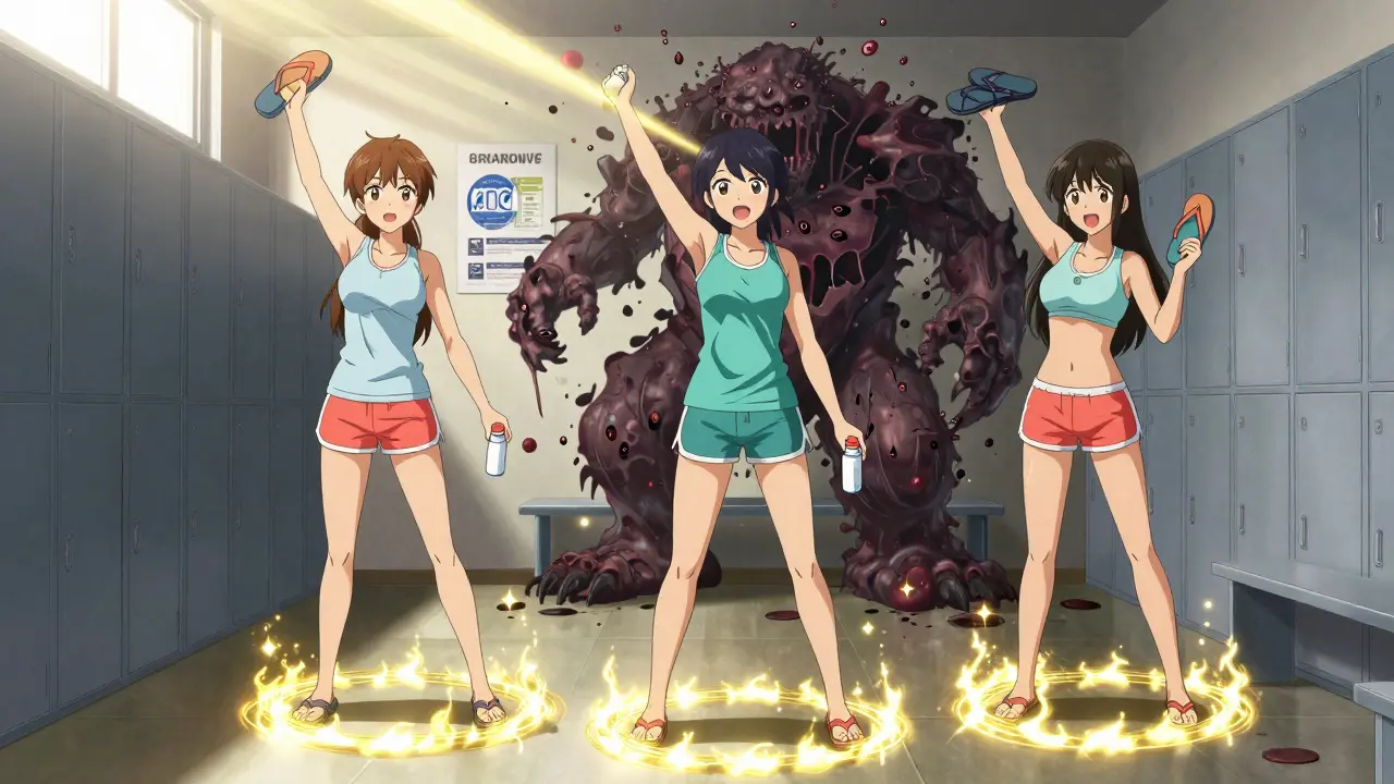 Three women in gym clothes holding antifungal products, protective barriers around their feet, fungal monster vanishing in background.