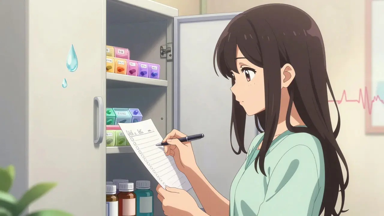 Young woman checking medication list and symptom diary at cabinet.