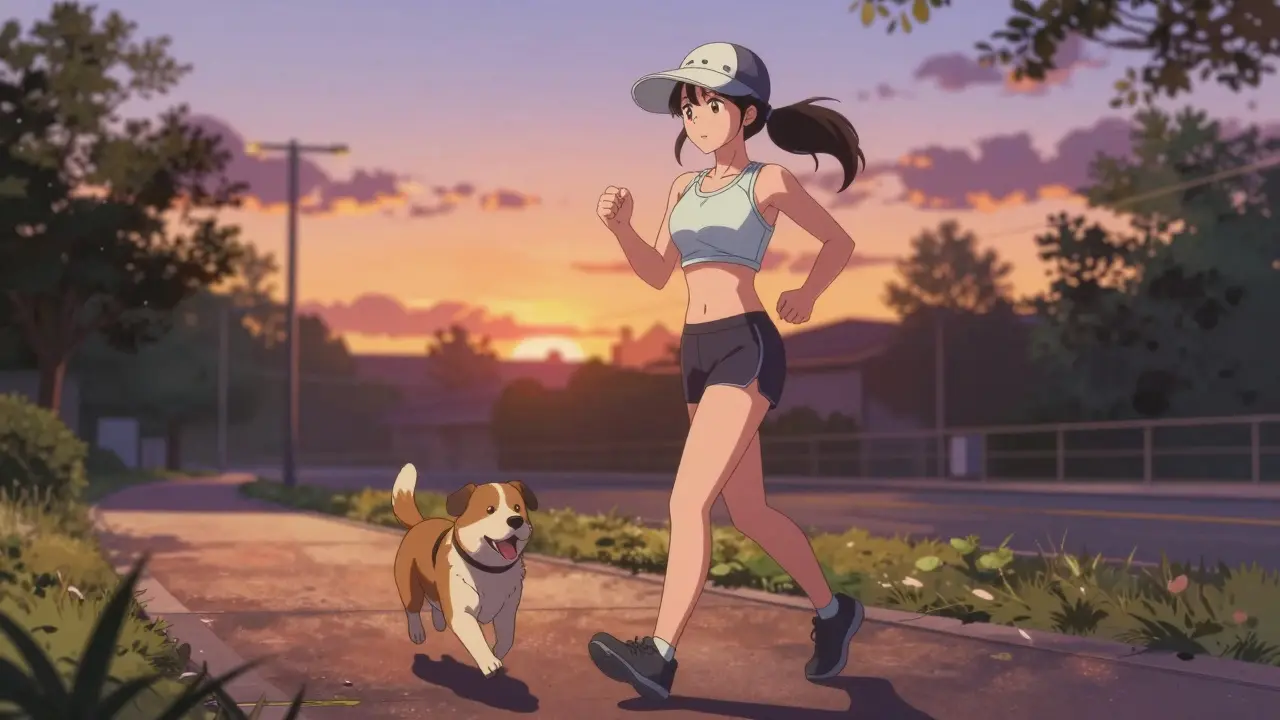 Active anime woman jogging in a park with a dog at sunset, exercise theme.
