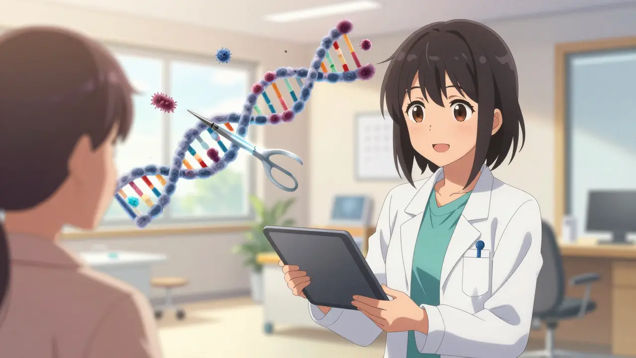 Anime doctor in a sunlit clinic with a conceptual image of CRISPR gene editing.