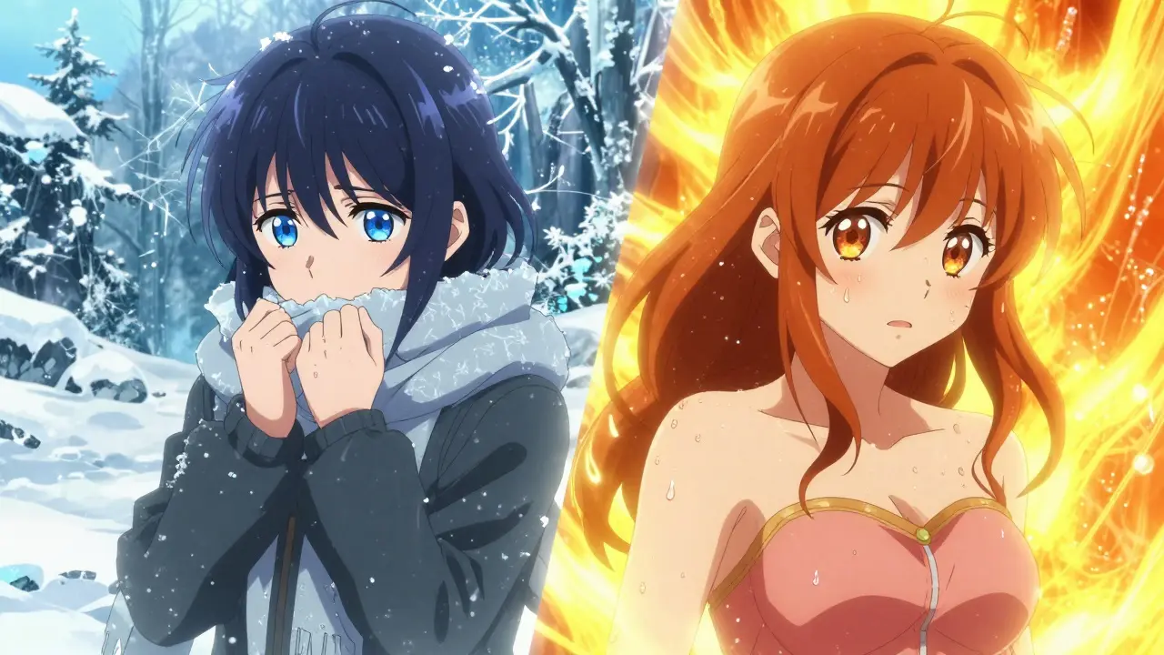 Anime girl experiencing both extreme cold and extreme heat environmental triggers