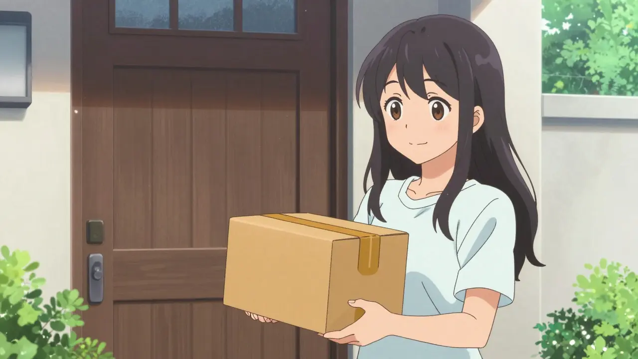 Anime girl happily receiving a medical package at her door