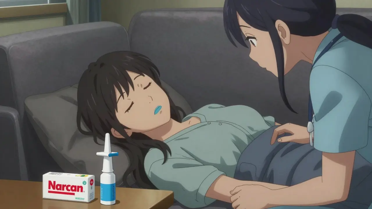 Anime scene of a caregiver monitoring a sleeping woman with blue-tinted lips and a Narcan kit nearby.