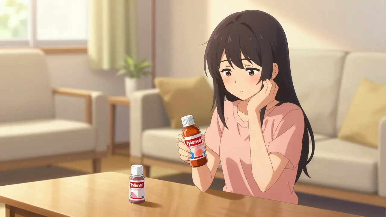 Anime woman smiling peacefully in a sunny room with a bottle of acetaminophen.