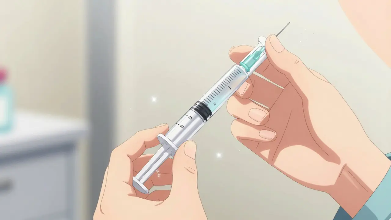 Caregiver using an oral syringe to measure liquid medicine accurately