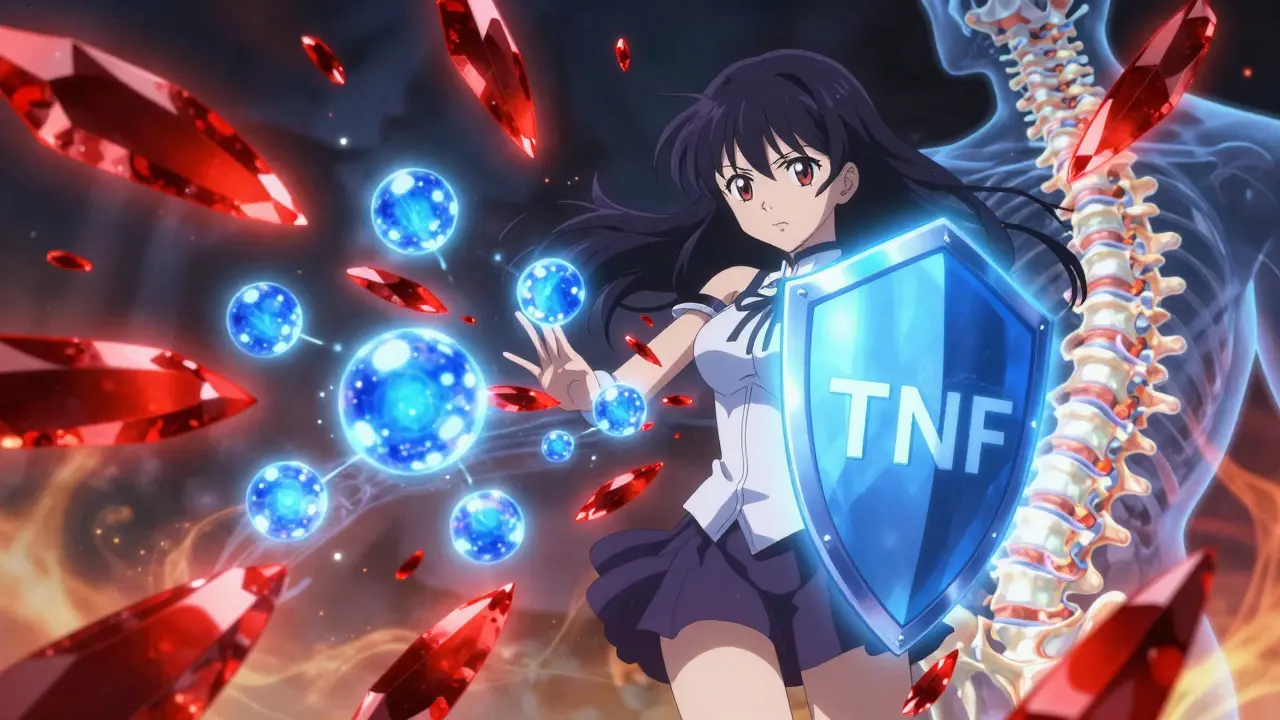 Conceptual anime art of blue energy spheres blocking red inflammatory crystals near a spine