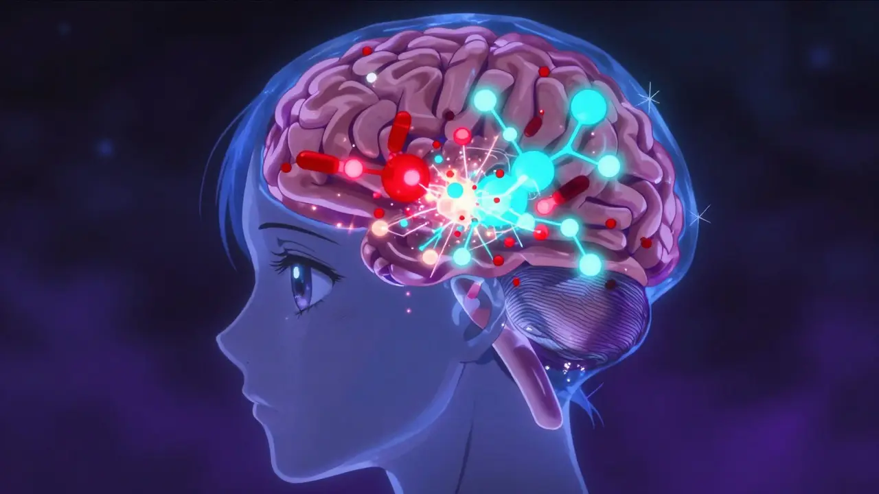 Conceptual anime art of red and teal particles colliding inside a translucent human profile.