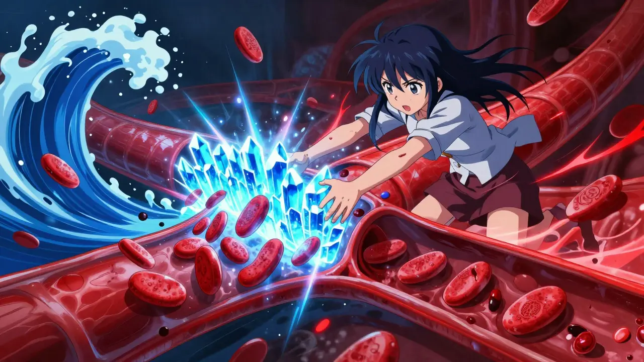 Conceptual anime art showing platelets struggling against blue and red energy waves in a vein.