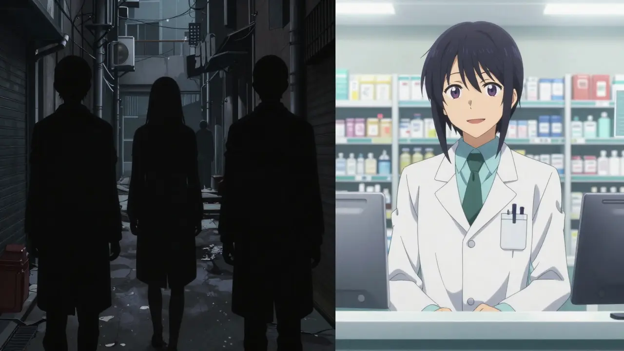 Contrast between a dangerous illegal drug source and a safe, professional pharmacy