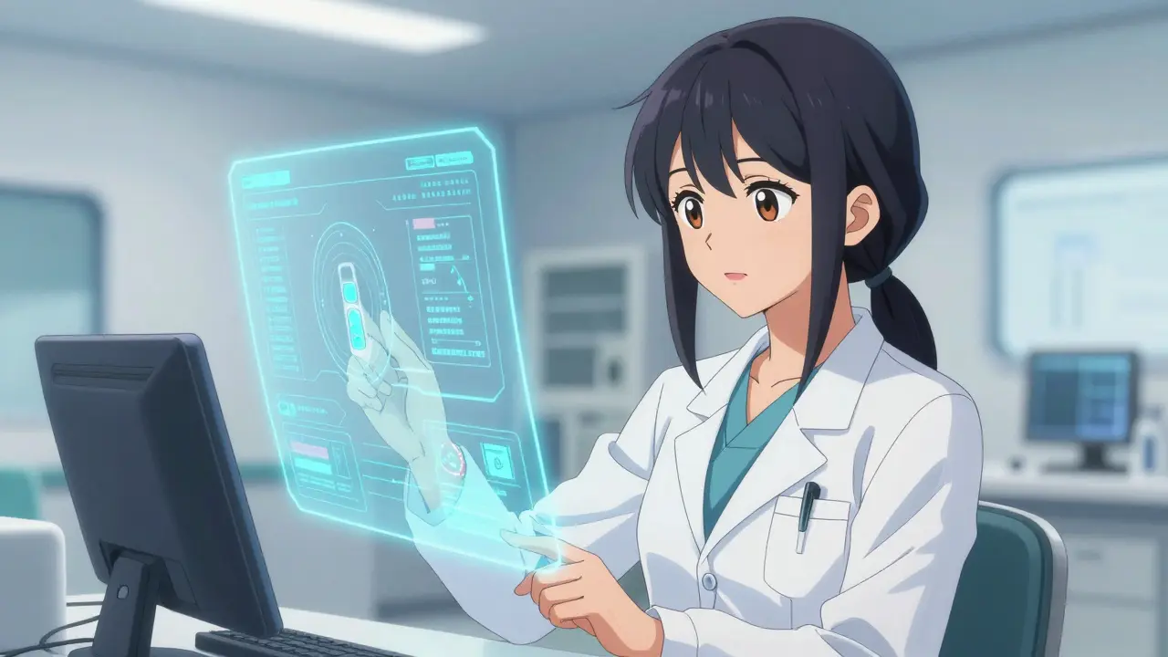 Female doctor reviewing an AI-driven pediatric dosing tool on a holographic screen