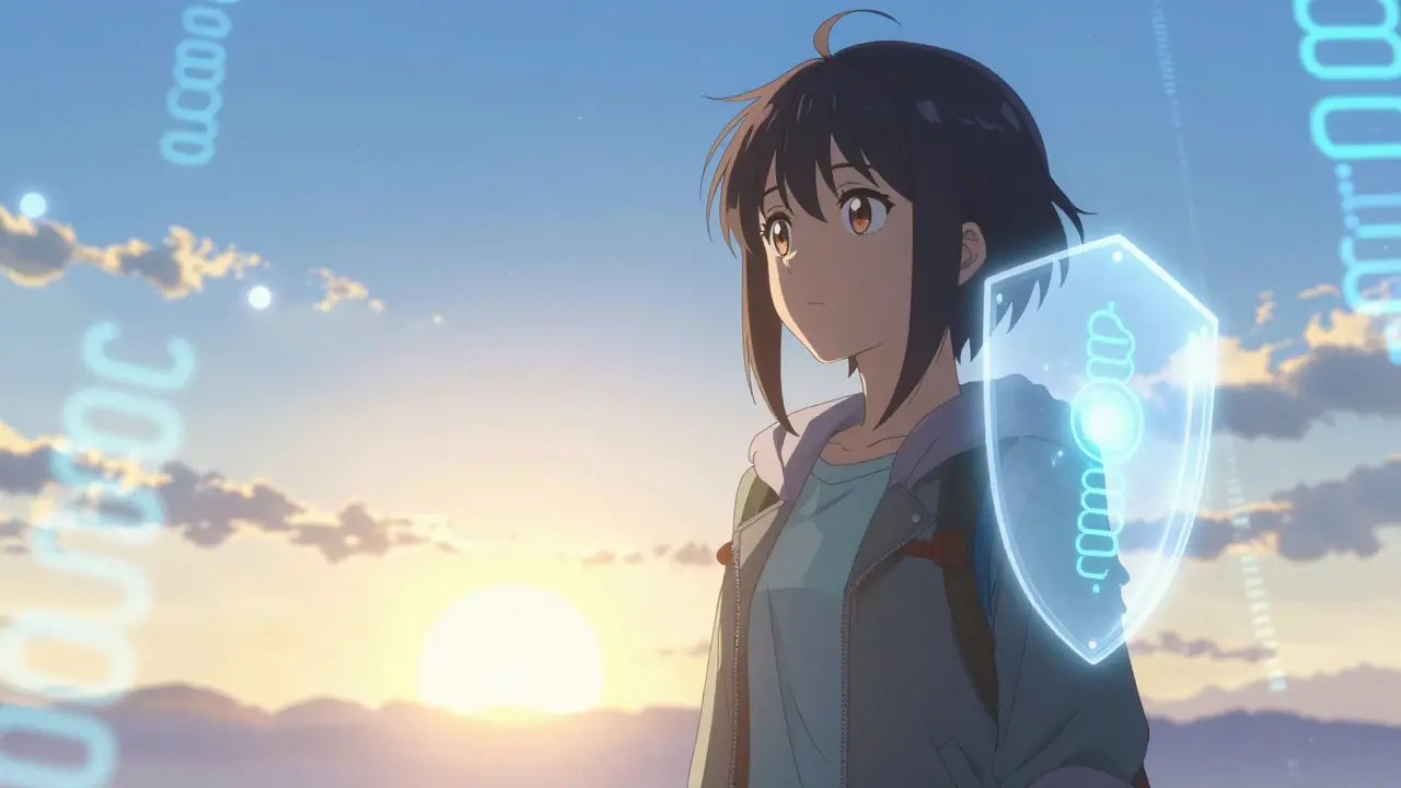 Futuristic anime character with glowing health data particles, prevention concept.