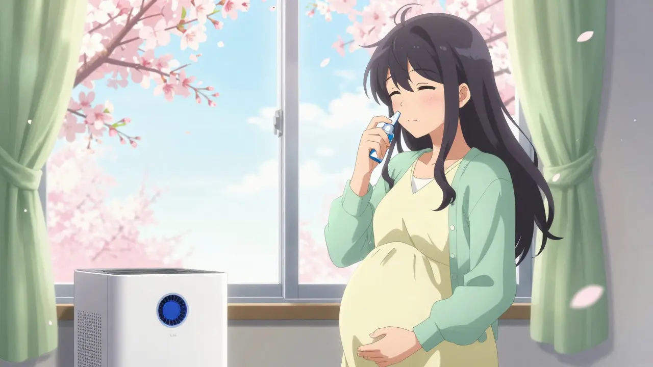 Pregnant anime woman using a nasal spray near an air purifier with cherry blossoms outside.