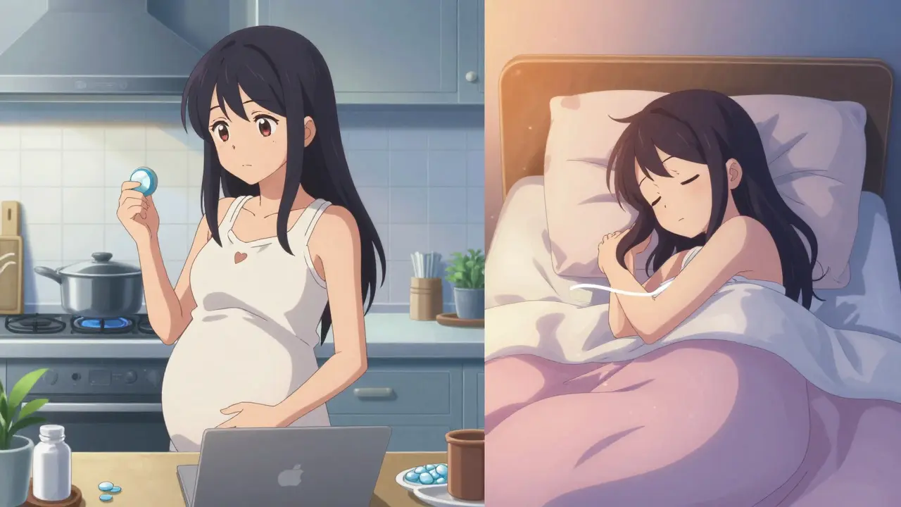 Split anime scene of a pregnant woman awake during the day and sleeping peacefully at night.