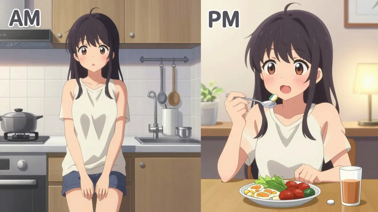 Split-screen anime showing a morning medication wait and an evening calcium dose
