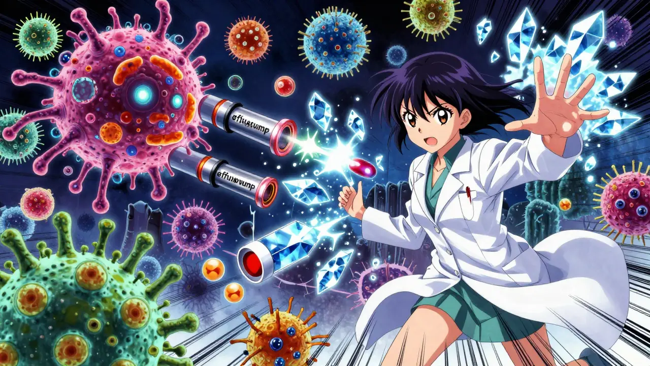 Stylized anime battle between medicine particles and armored bacteria monsters.
