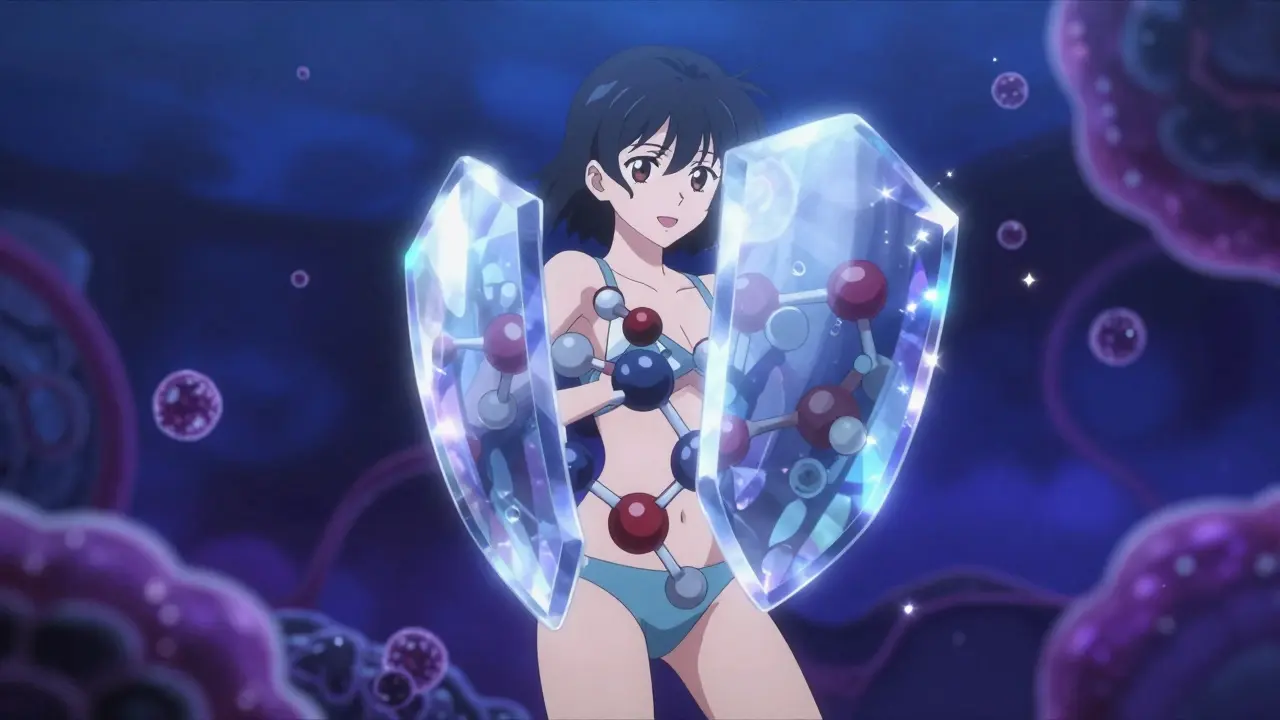 Stylized anime depiction of calcium ions forming a shield against medication