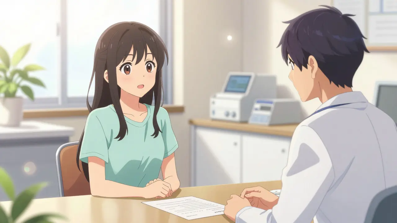 Woman consulting with a doctor in a bright office to get a legal prescription