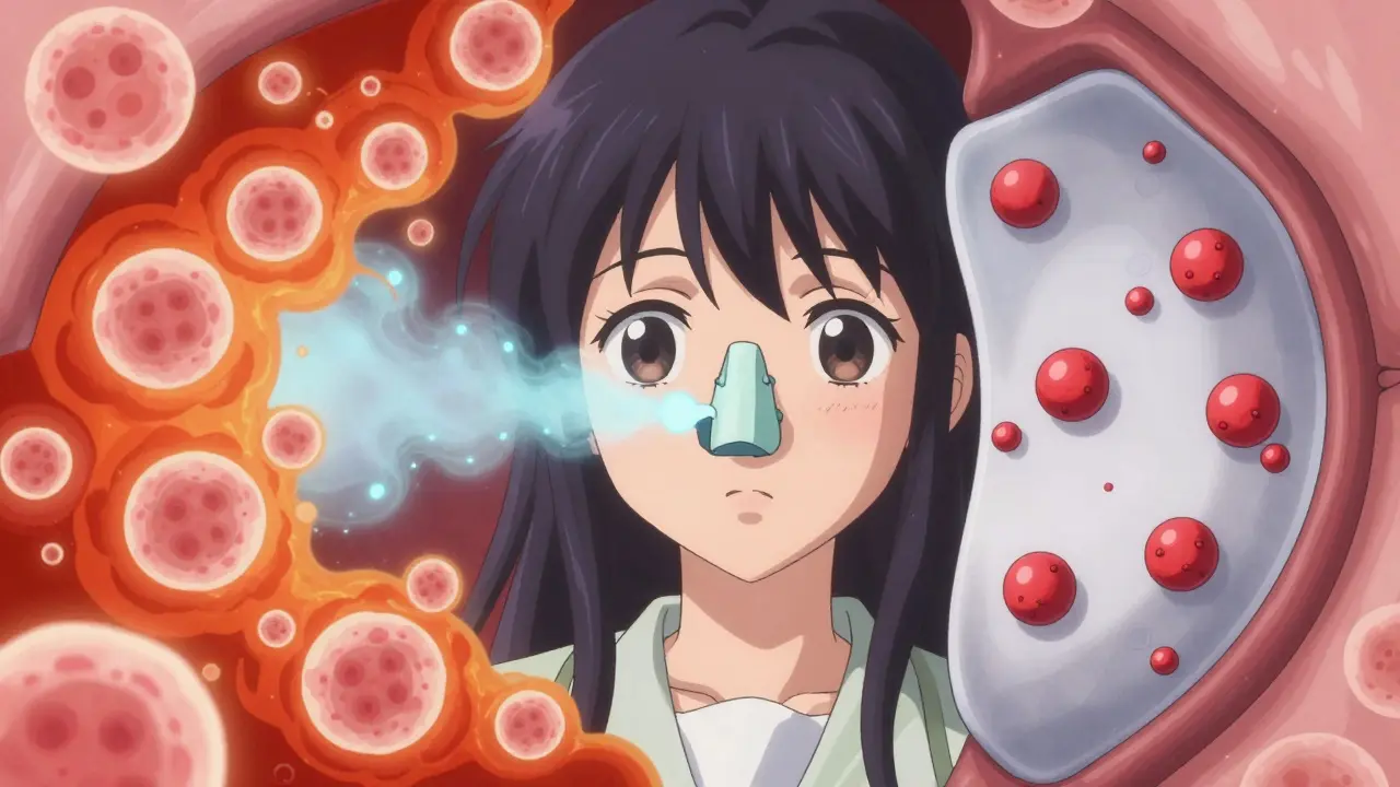 Anime style visualization comparing steroid spray vs antihistamine mechanisms