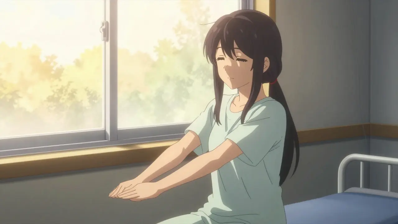 Anime woman recovering in sunlight, symbolizing post-sepsis rehabilitation and hope.