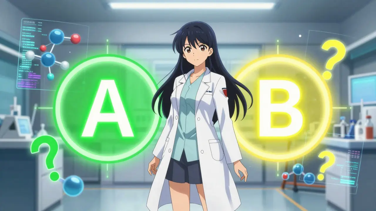 Bishoujo style illustration comparing safe 'A' rating vs complex 'B' rating symbols