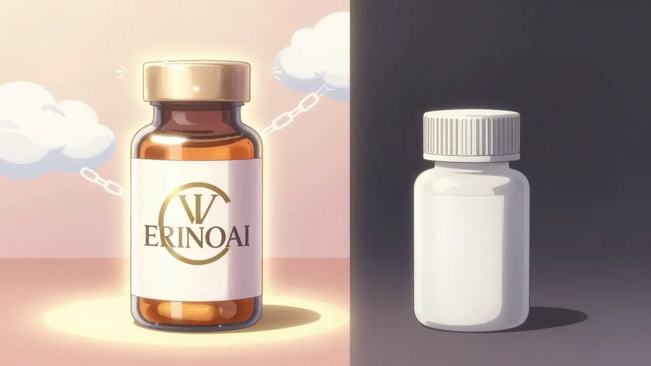 Contrast between glamorous brand drug and plain generic