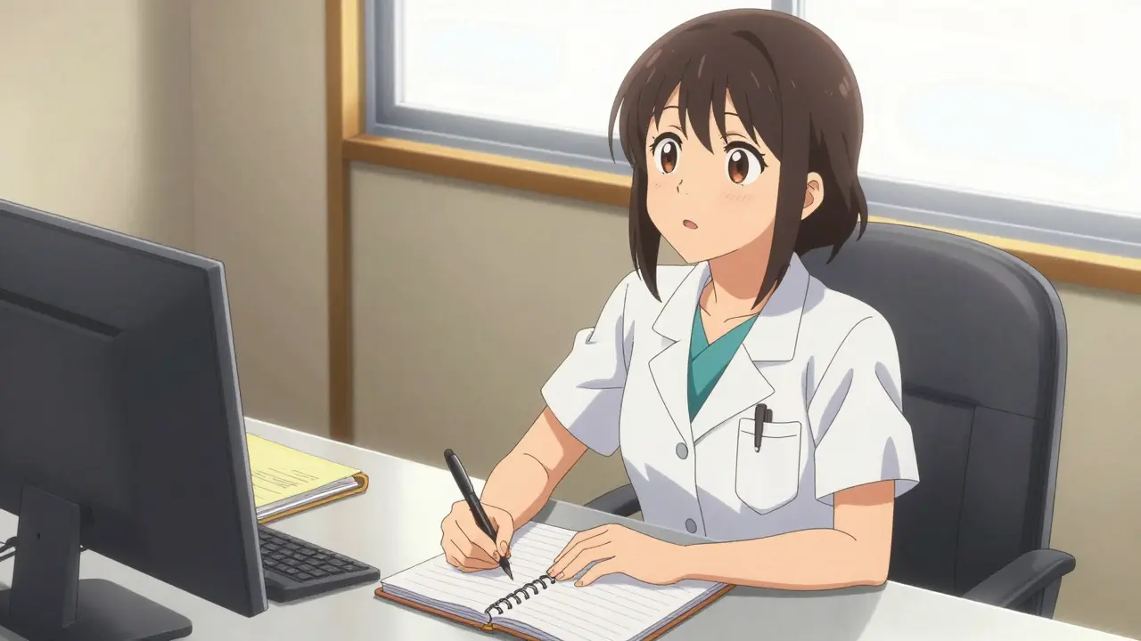 Doctor diligently writing medication notes in a warm office setting