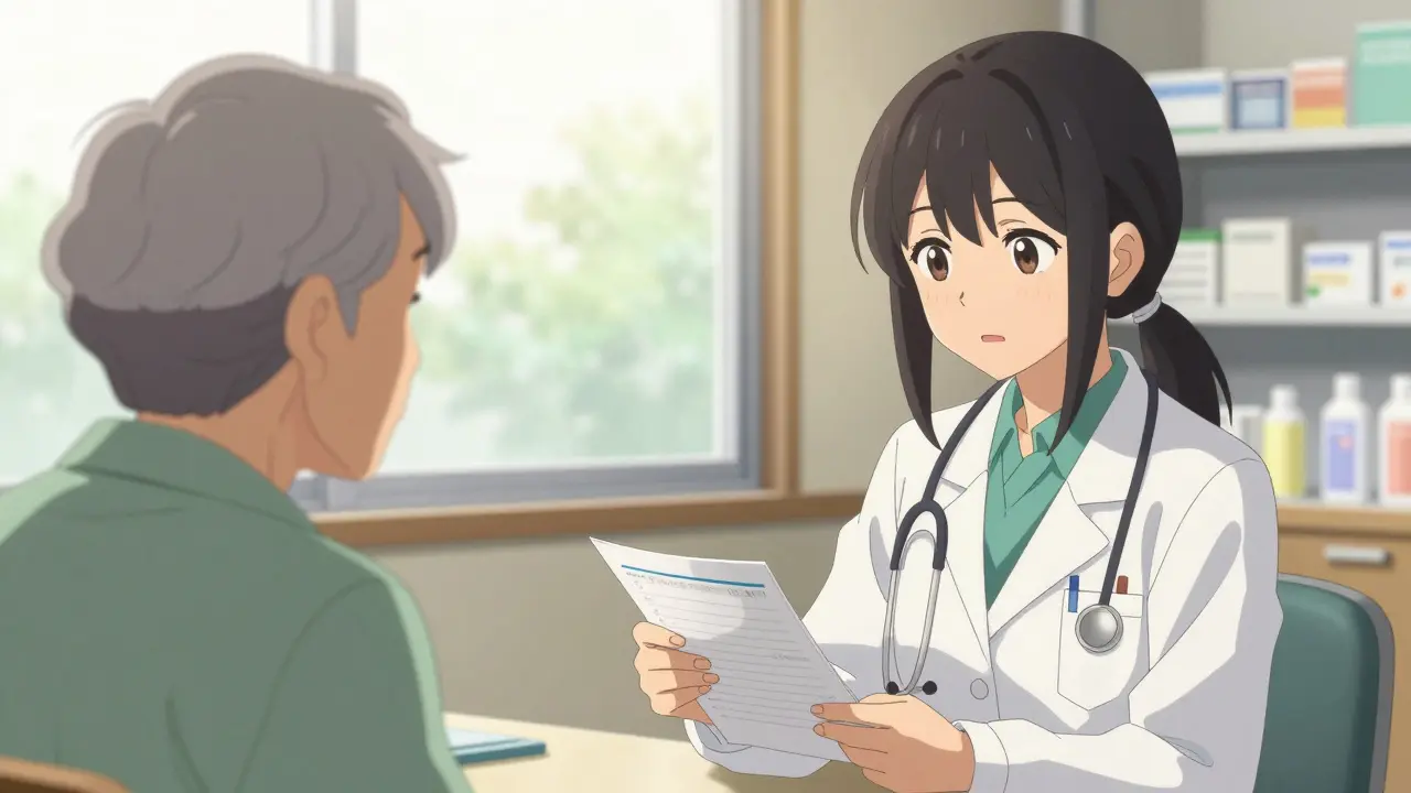 Doctor helping patient review medications in sunny clinic