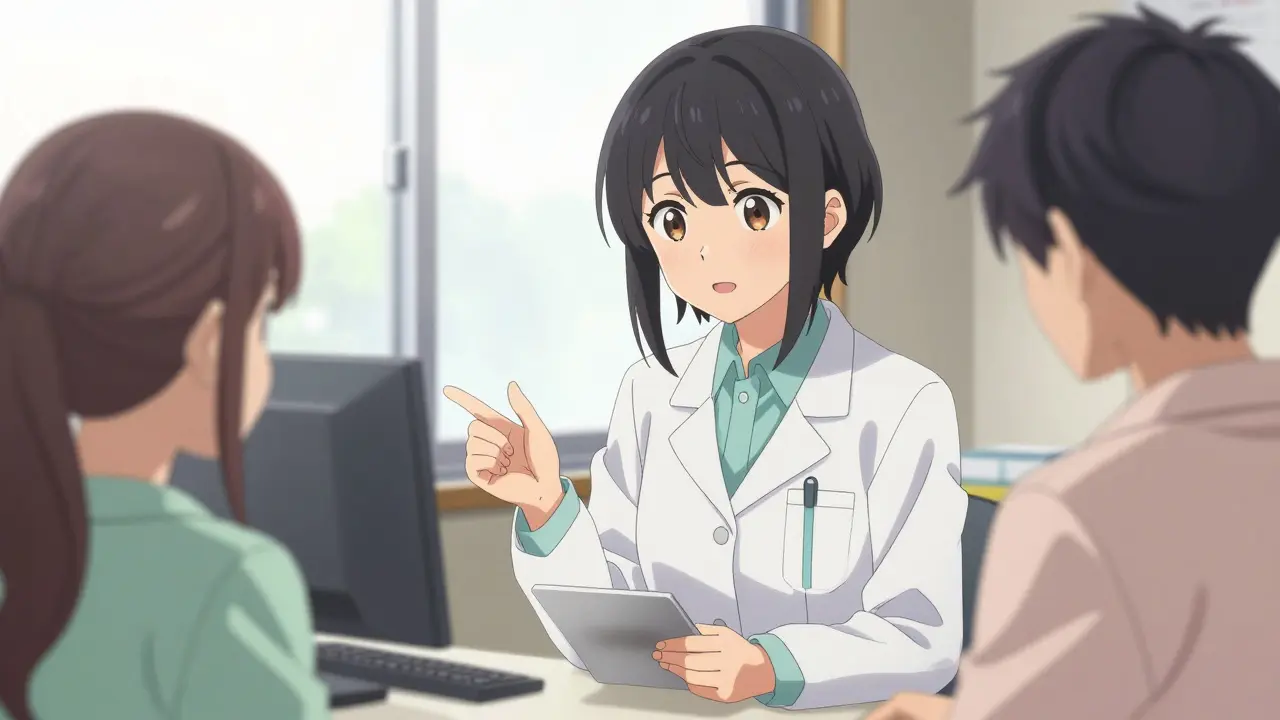 Friendly anime pharmacist reassuring a patient about medication substitution