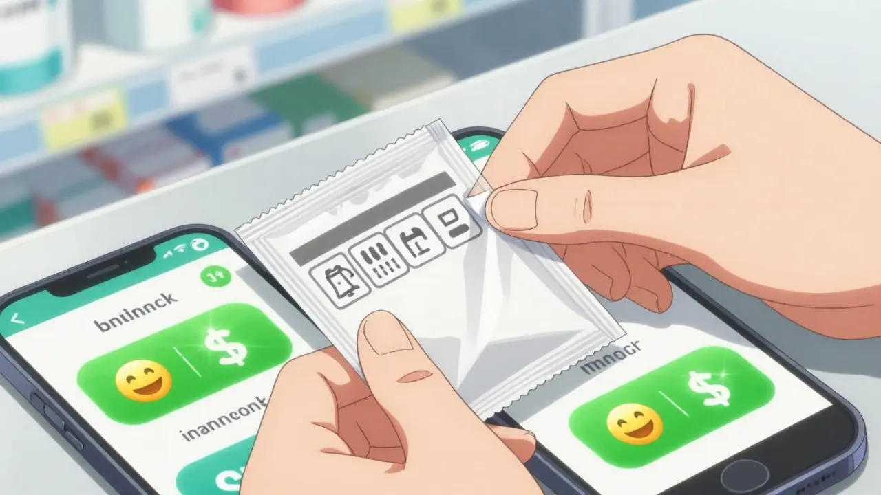 Hands opening medication package next to phone with coupons