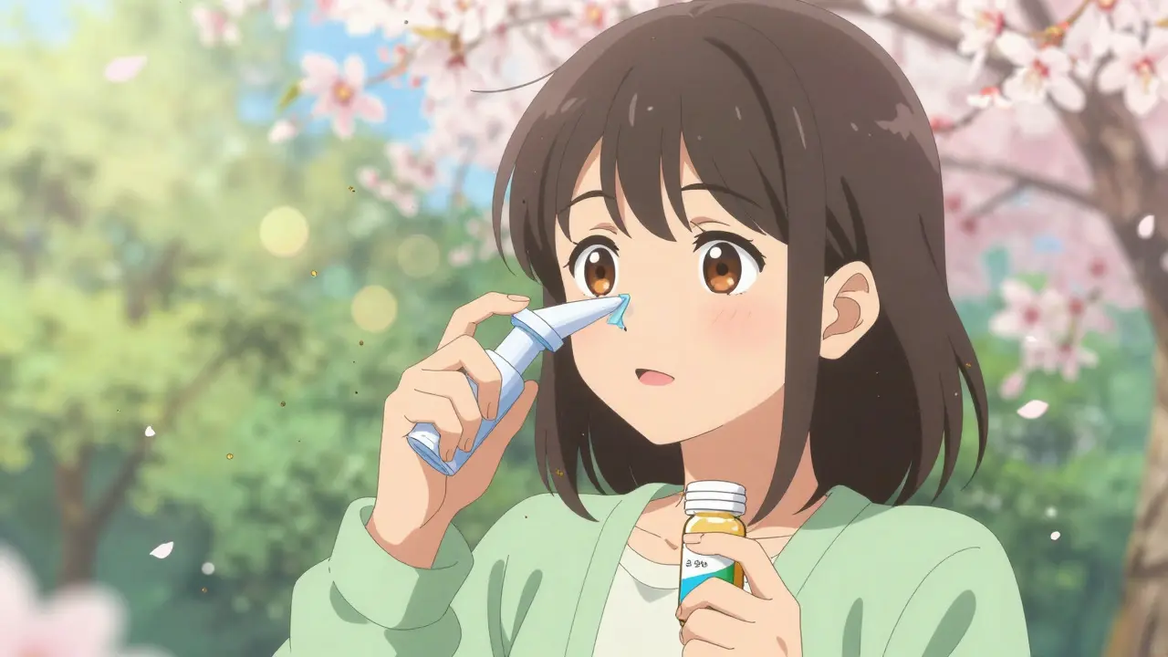 Happy anime woman using nasal spray outdoors with spring pollen around