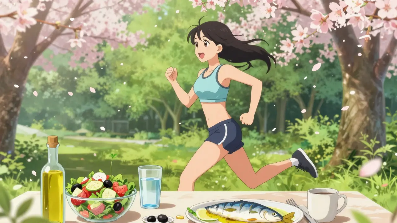 Healthy lifestyle with jogging and Mediterranean diet