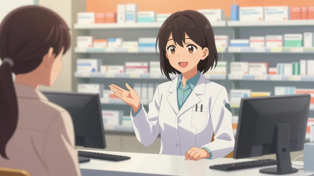 Kind pharmacist reassuring a skeptical patient