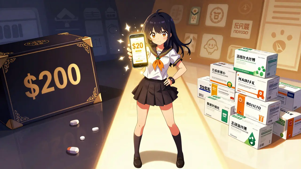 Manga style girl choosing cheap generic meds over expensive brand