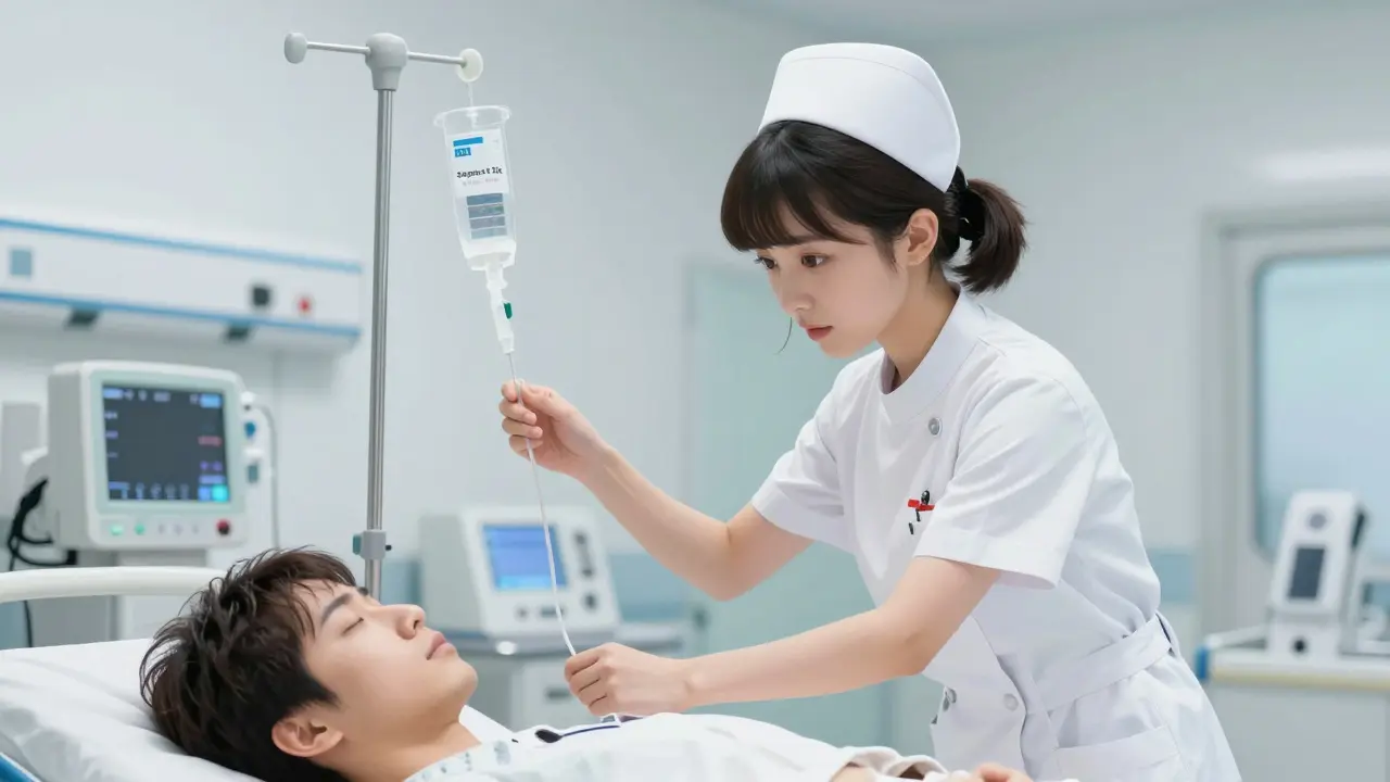 Nurse urgently treating patient in ER, depicting rapid sepsis hospital protocols.