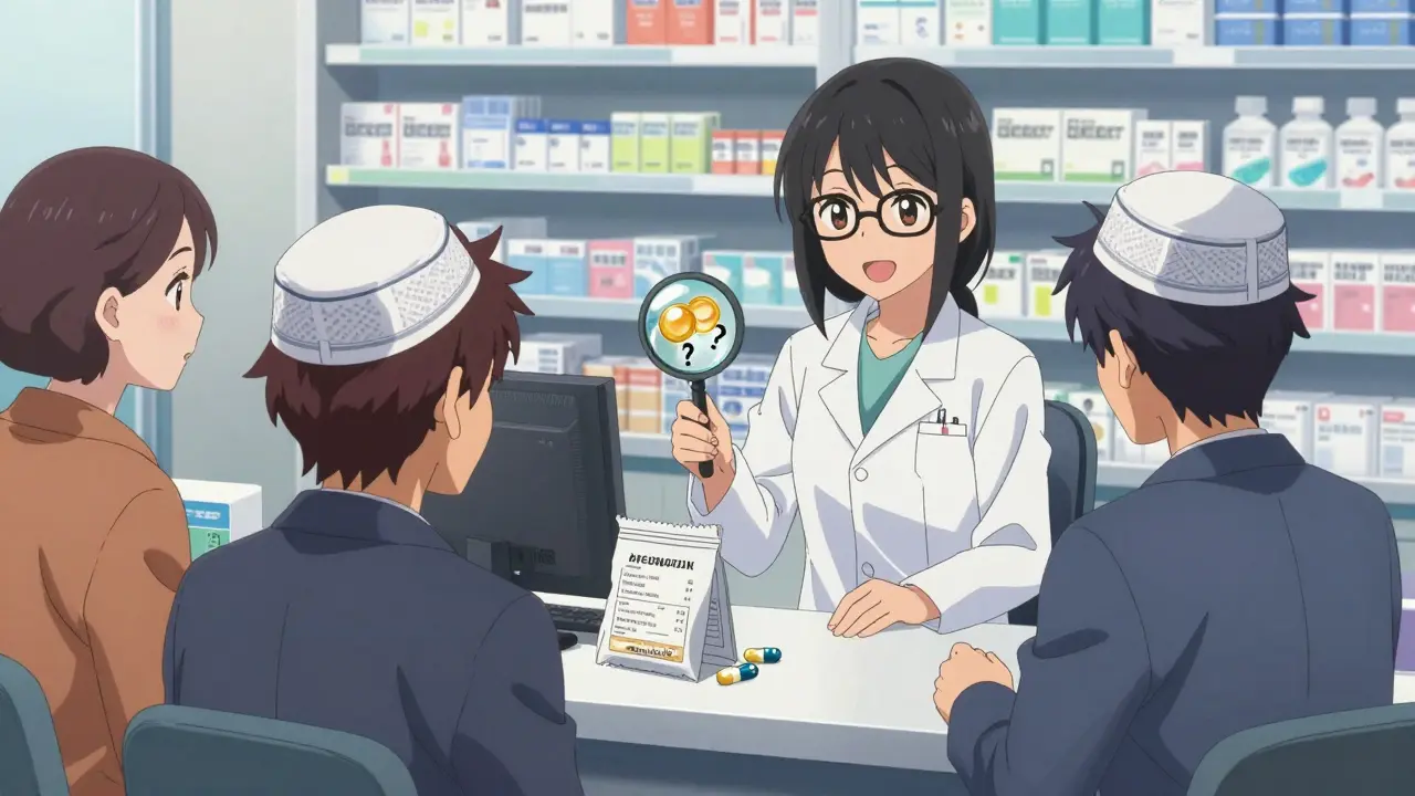 Pharmacist explaining medication to diverse patients