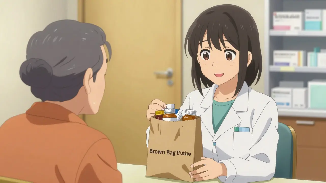 Pharmacist helping patient review medications from a brown bag