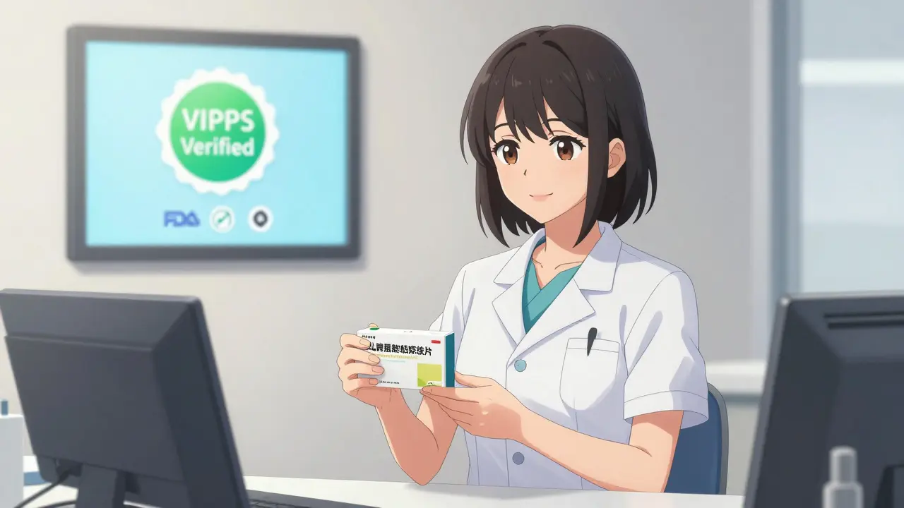 Professional pharmacist holding verified medication package with trust seals