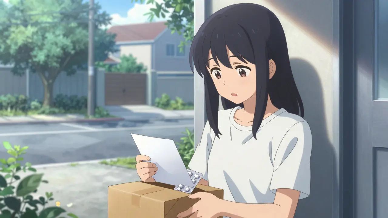 Woman opening safe medication delivery package on her doorstep