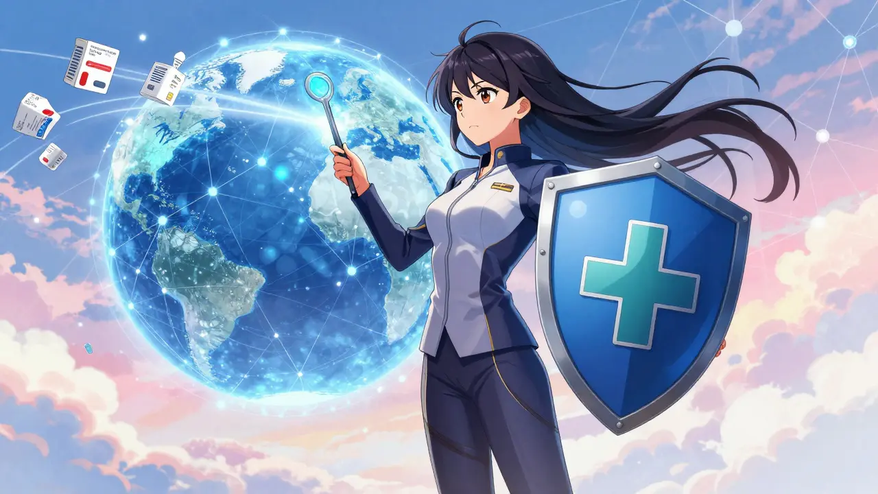 Woman protecting global drug supply chain with digital shield