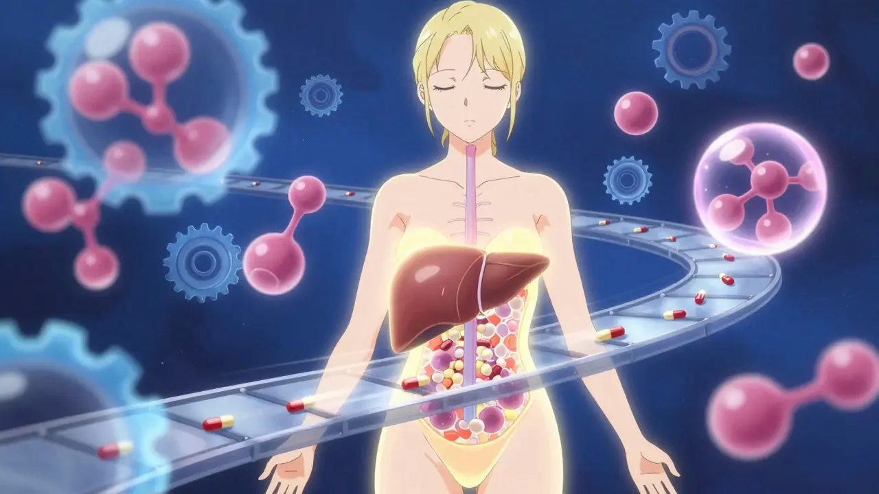 Anime concept art showing liver enzymes processing hormones