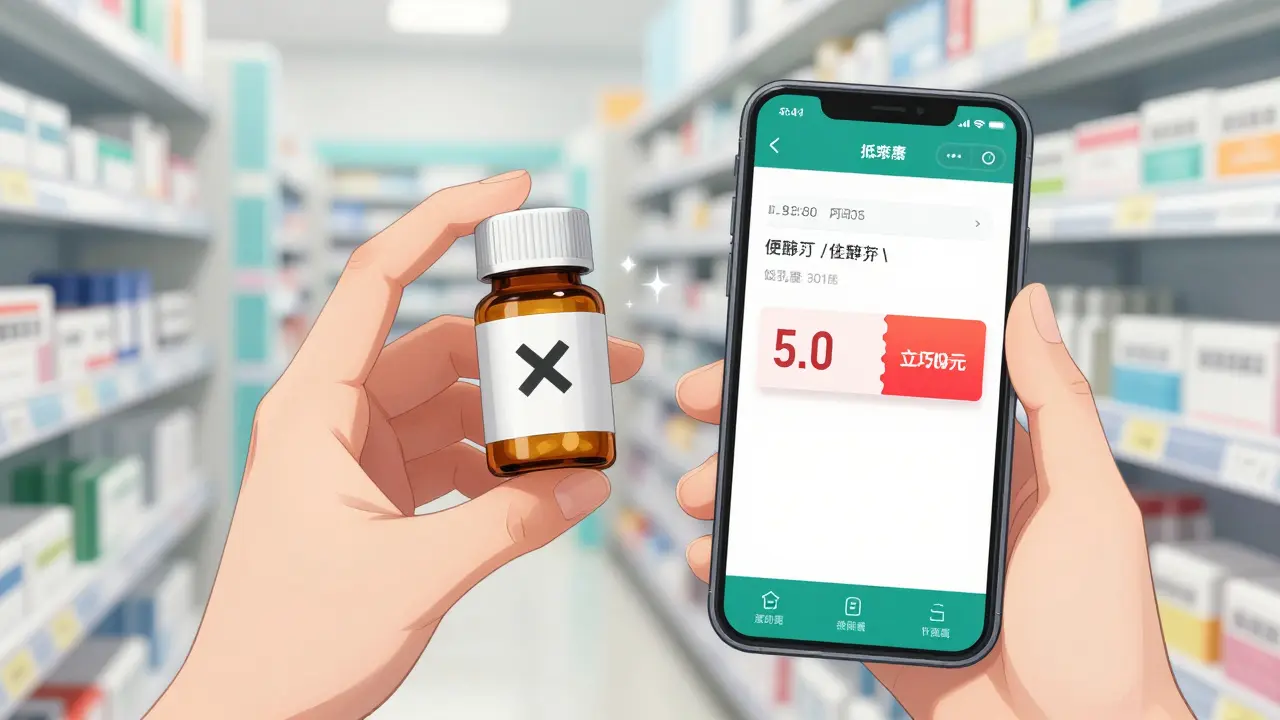 Anime hand holding prescription bottle and phone with discount