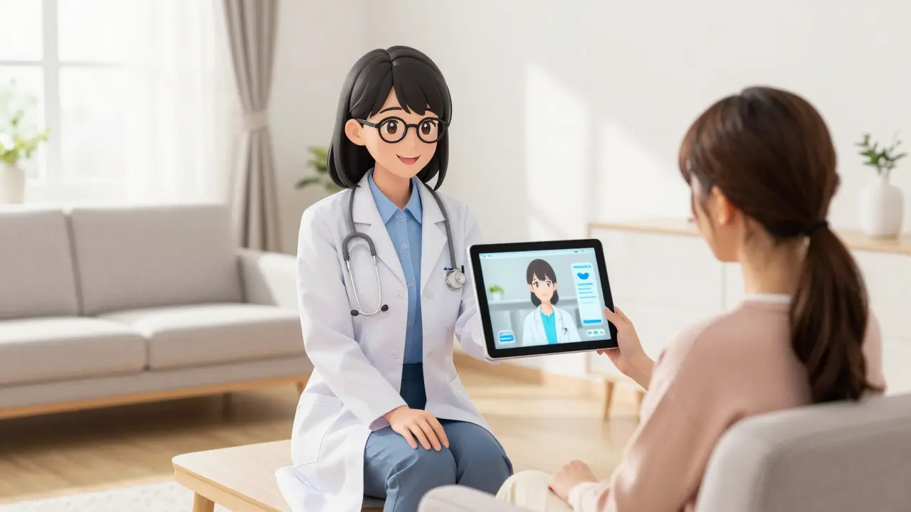Anime style telehealth doctor smiling on tablet for patient