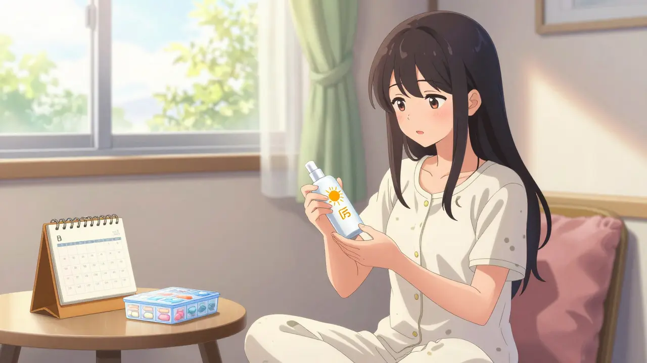 Anime woman applying sunscreen and organizing daily pills
