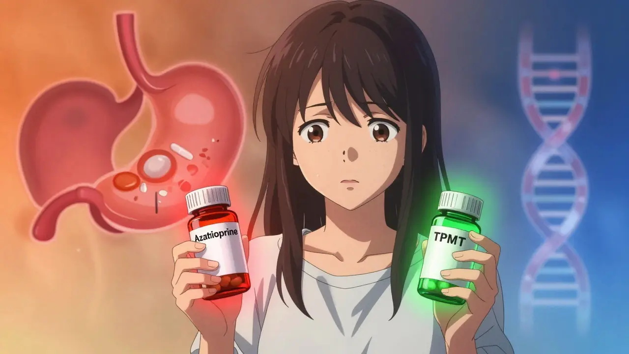 Anime woman comparing medication bottles with abstract health symbols
